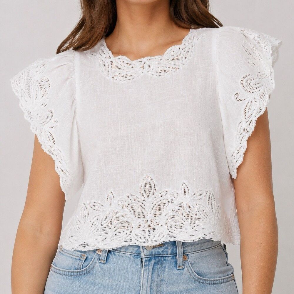 NWT White Bohme Cottagecore BohoEyelet Embroidered Romantic Feminine Lace Blouse
